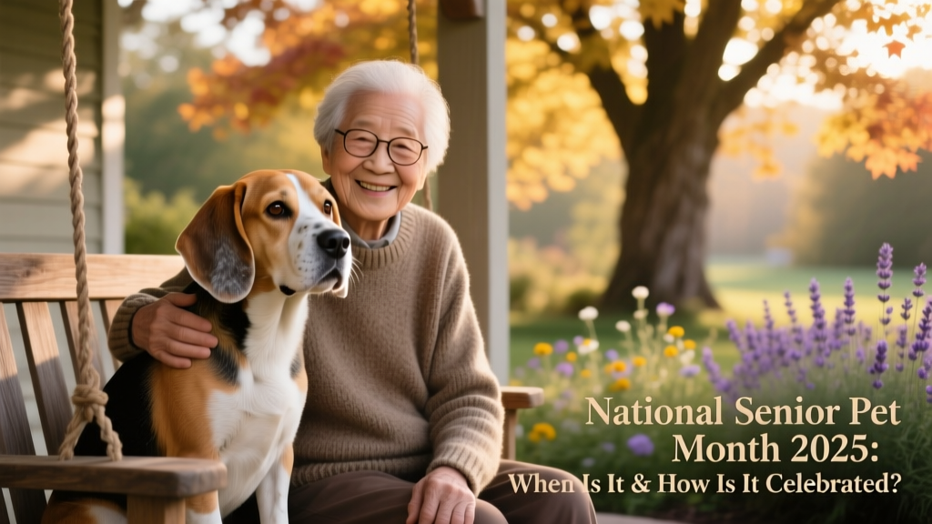 Senior beagle and owner sitting side-by-side on a porch swing, both smiling softly