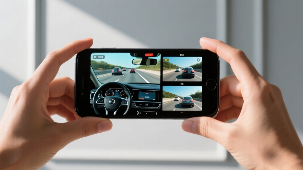 Hands holding a smartphone displaying a real-time 3-channel dash cam app interface showing front road, interior cabin, and rear traffic views