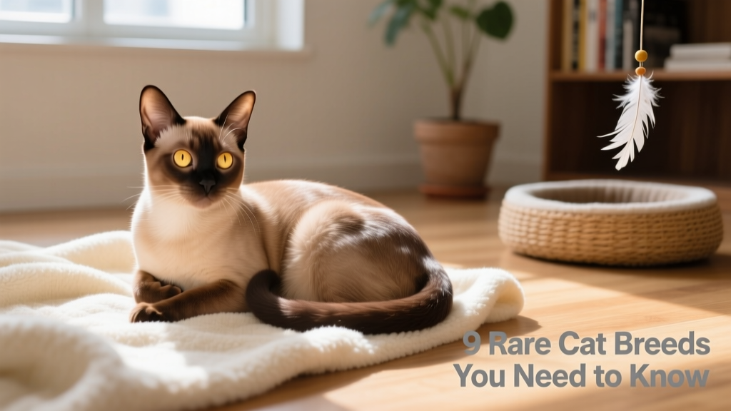 A Burmese cat with sleek, satin-like coat and expressive golden eyes, curled comfortably on a soft blanket