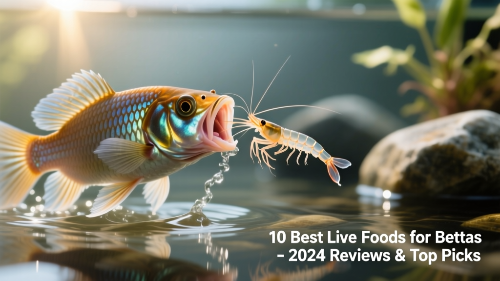 Betta fish mid-bite, capturing a live brine shrimp in clear water with visible detail on its mouth and gills