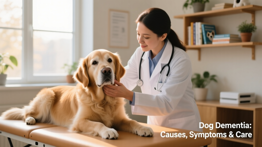 Veterinarian gently examining a senior dog during a routine checkup