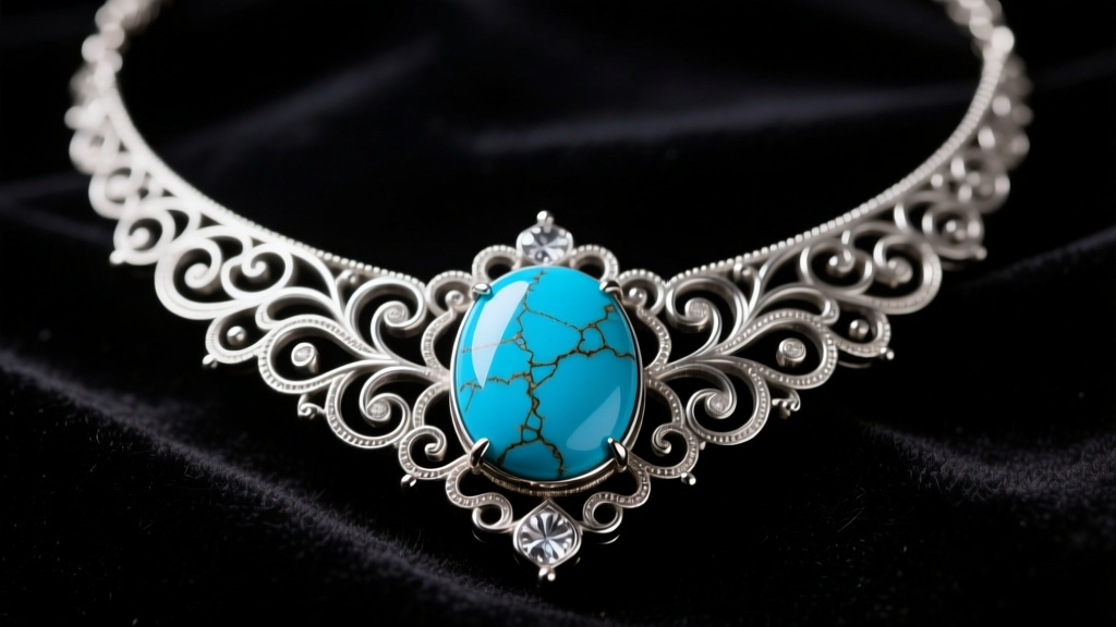 Close-up of an authentic Persian necklace with a large Neyshabur turquoise cabochon set in silver filigree against dark velvet.