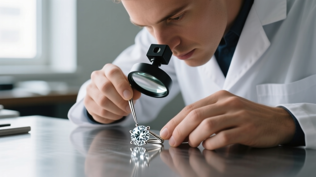 Jeweler using a 10x loupe to inspect prongs securing a melee diamond in a rhodium-plated sterling silver bezel setting.