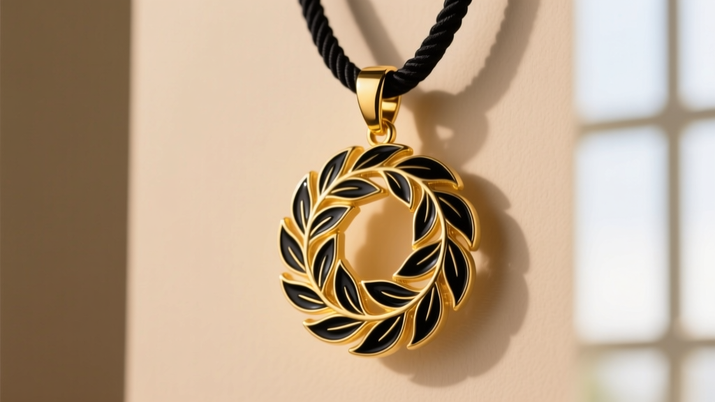 Hawaiian heirloom luau pendant featuring 14k yellow gold with black vitreous enamel maile leaf scrollwork on a dark silk cord.
