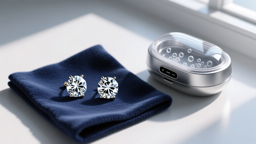 Overhead view of diamond stud earrings on a microfiber polishing cloth next to a small silver ultrasonic jewelry cleaning machine.