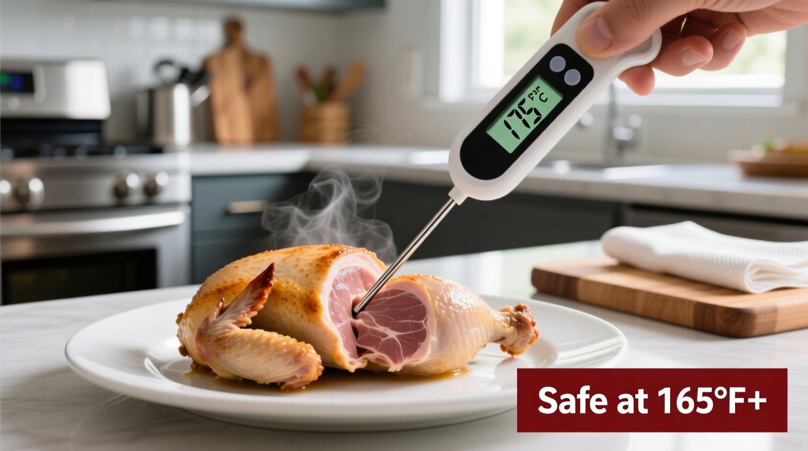 Food safety thermometer checking cooked chicken temperature