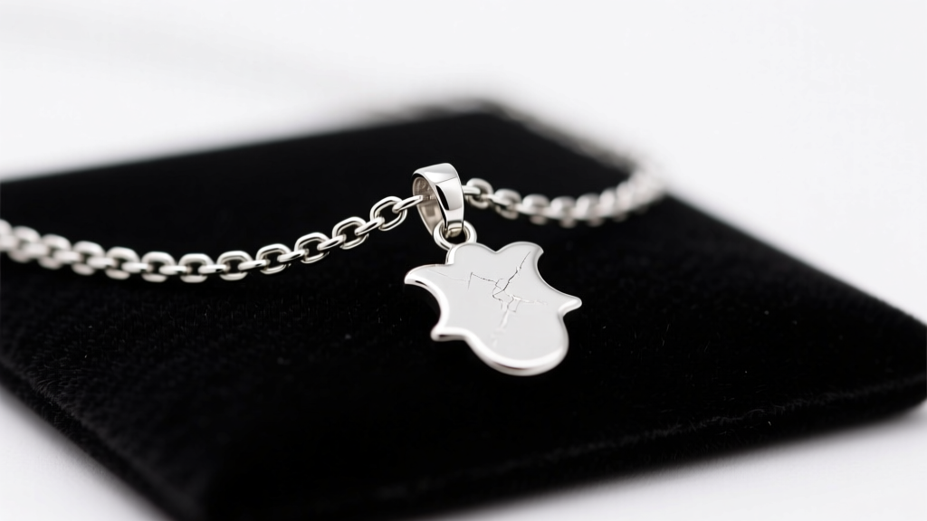 Macro shot of a 1.5mm silver box chain passing through a 3mm soldered bail on a Hamsa pendant under soft studio lighting.