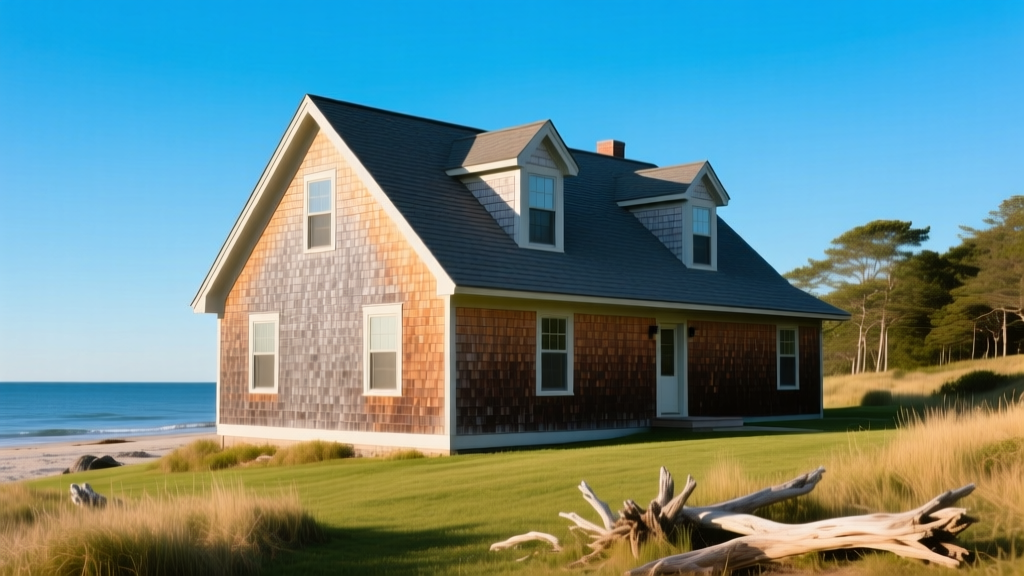 Classic Cape Cod house with steep side-gable roof and dormers featuring weathered cedar shake shingles against a bright blue coastal sky
