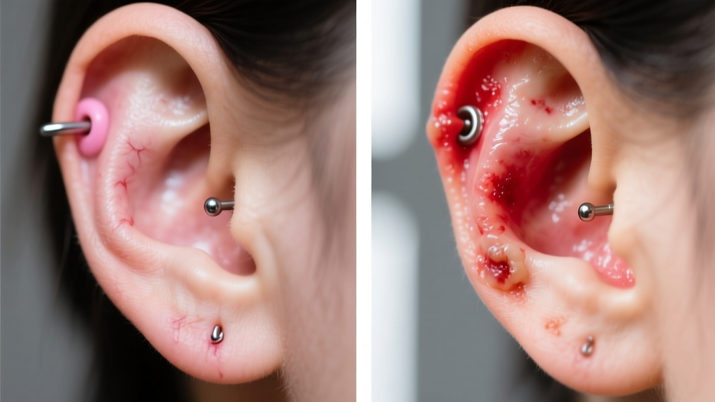 Side-by-side macro photography comparing a healthy healing ear piercing with a red, swollen, and irritated cartilage piercing.