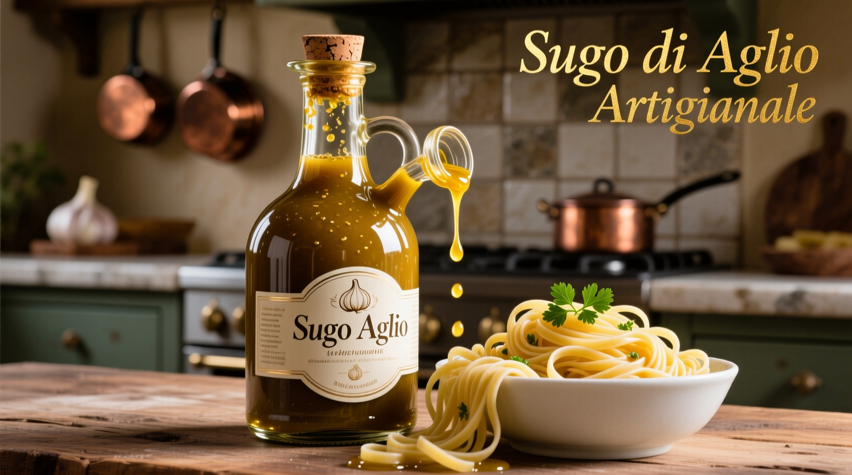 Grandioso garlic sauce bottle with fresh pasta