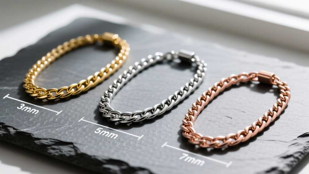 Three mens herringbone necklaces laid flat on slate, showing 3mm, 5mm, and 7mm widths, macro focus on the slanted link patterns.
