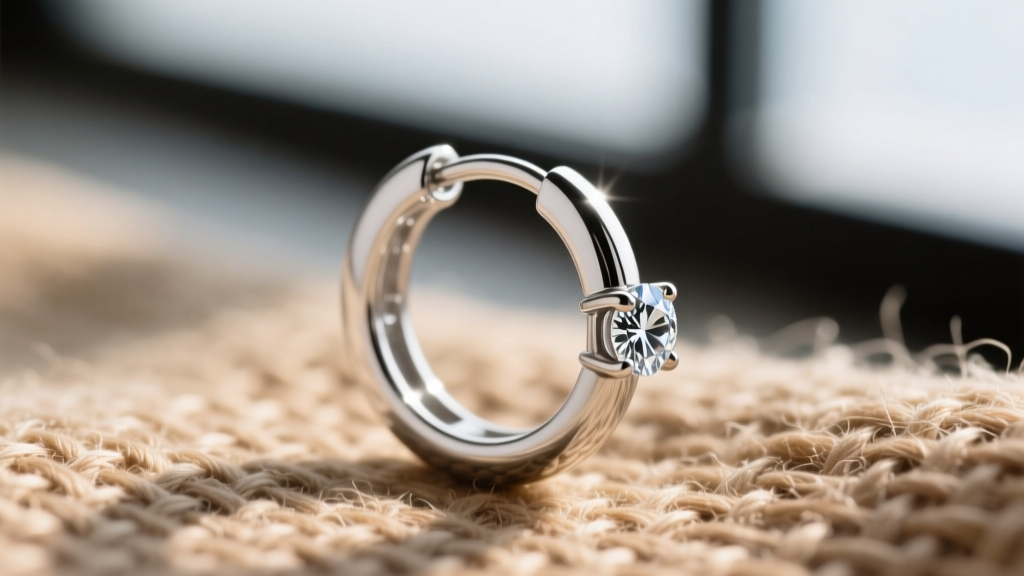 Macro photography of a 16-gauge sterling silver cartilage huggie earring with a tension-set raw diamond on a woven linen backdrop