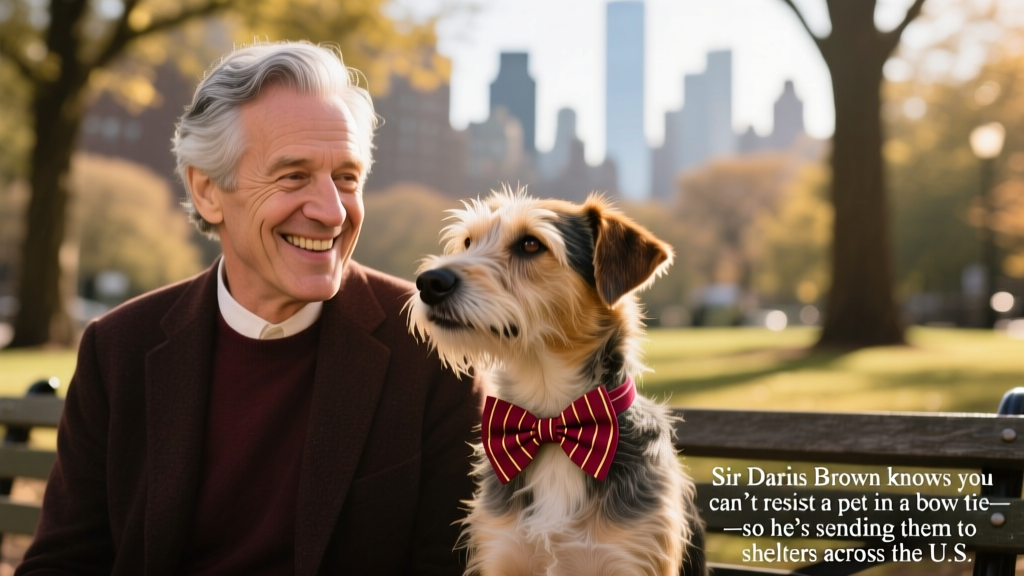 Sir Darius Brown smiling beside a shelter dog wearing one of his handmade bow ties