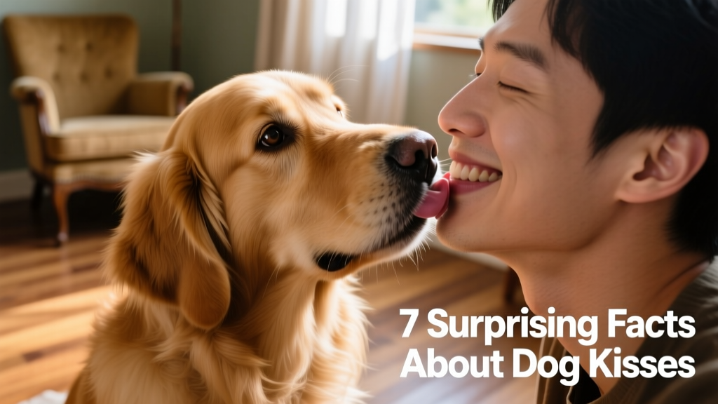 Close-up of a golden retriever gently licking a person's cheek