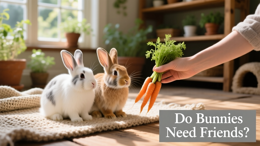A human gently offering a treat to two bunnies sitting calmly side by side during early bonding