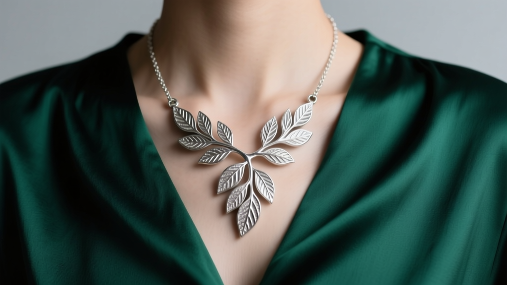 Finished high-polish fine silver clay necklace with a botanical leaf texture, worn over a dark emerald green silk blouse