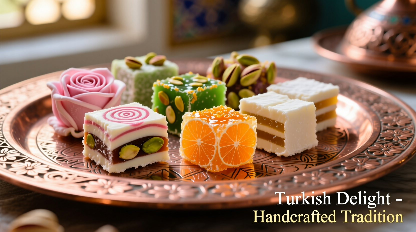 Close-up of assorted Turkish delight varieties on a traditional copper platter