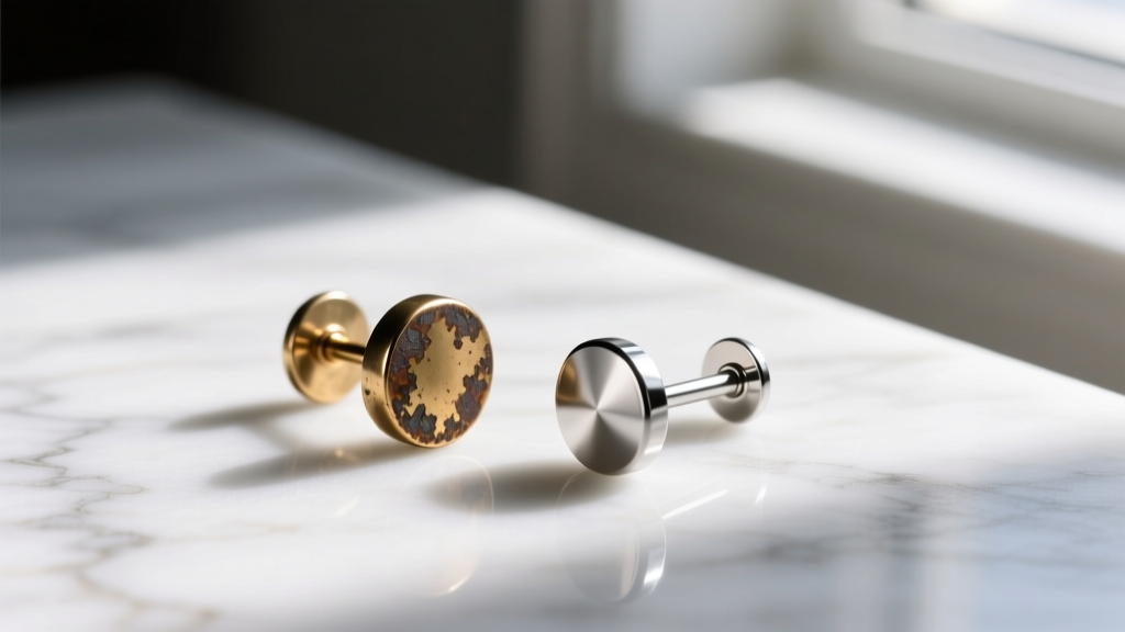 Macro shot comparing a tarnished brass earring post with a shiny hypoallergenic titanium post on a clean white marble surface