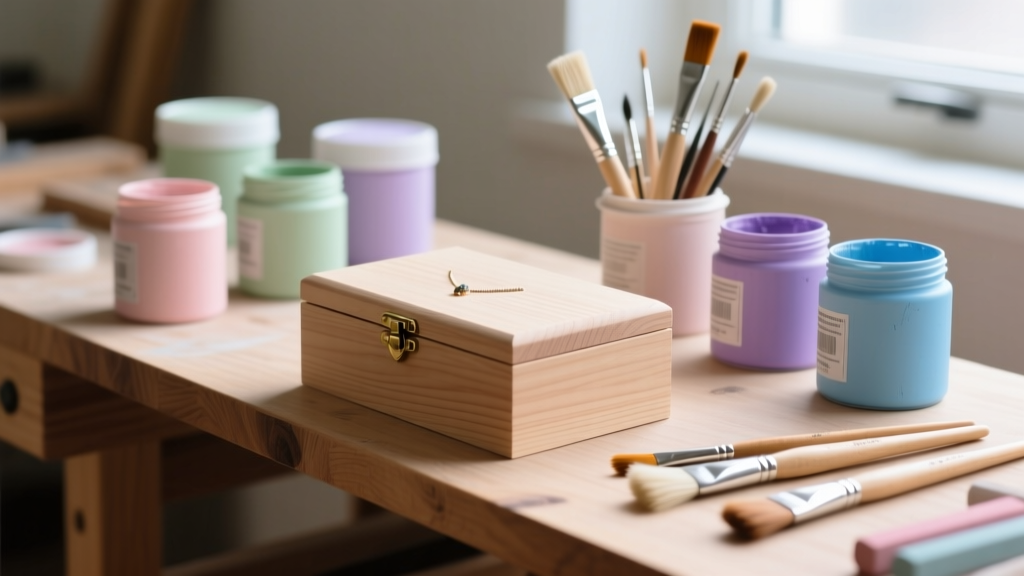 Sanded basswood jewelry box blank on a workbench next to pastel chalk paint pots and fine bristle brushes in soft natural light.