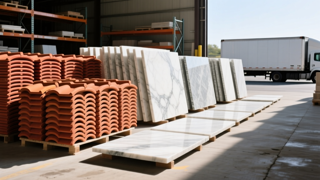 Stacks of imported Florentine terracotta roofing tiles and Tuscan marble slabs organized in a Huntington NY building materials supply yard