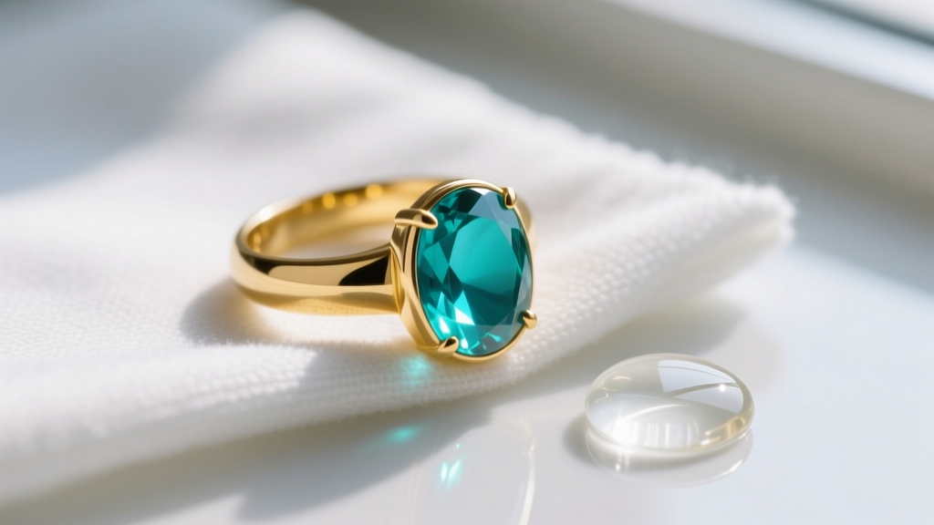 Macro shot of a 14k yellow gold ring with a turquoise cabochon, resting on a microfiber cloth next to a drop of mild dish soap.