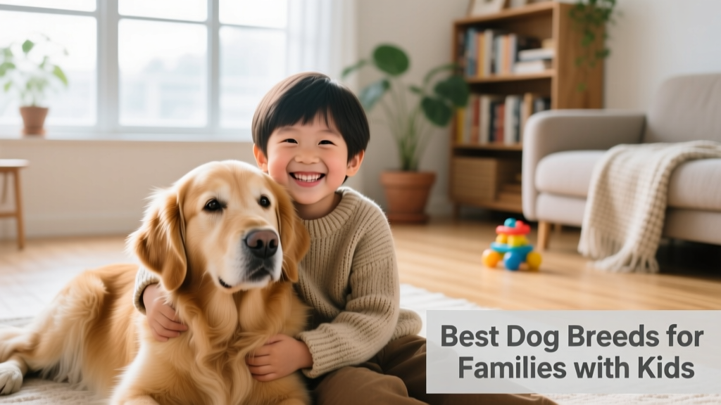 A golden retriever gently resting its head on a child's lap while both smile
