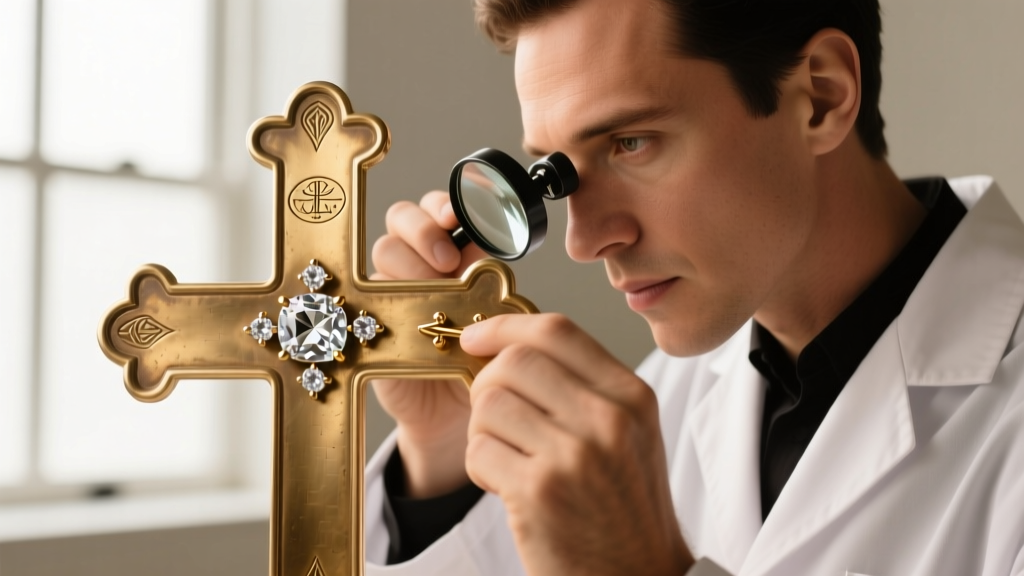 Jeweler using a loupe to inspect the hallmark stamp and crystal prong settings on the back of a heavy brass designer cross.