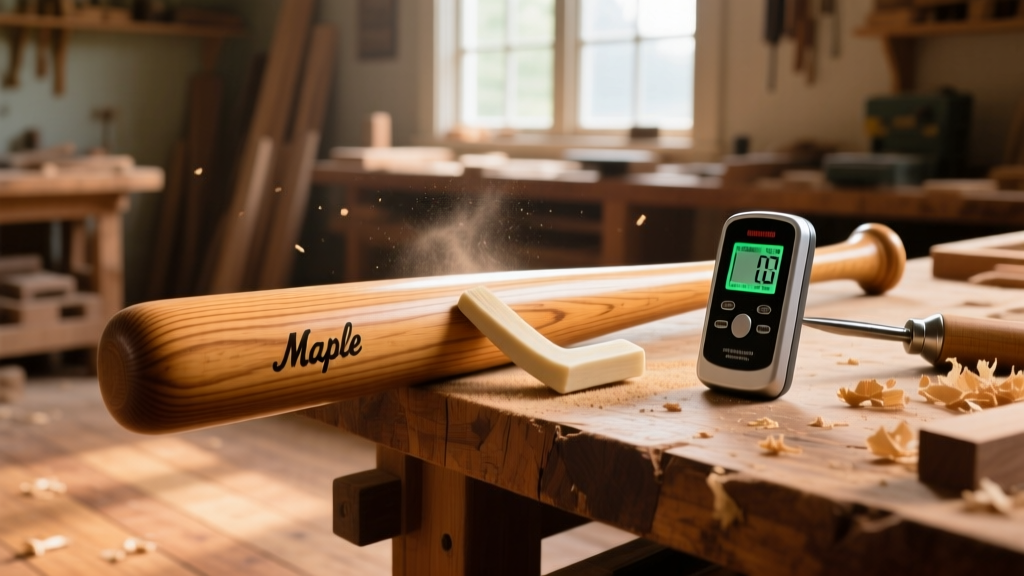 Close-up of a maple baseball bat being bone-rubbed on a workbench next to a digital moisture meter in a sunlit woodworking shop.