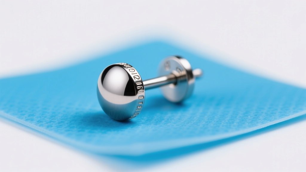 Close-up of a 20-gauge titanium stud earring resting on a sterile blue medical pad under bright, clean clinical lighting.