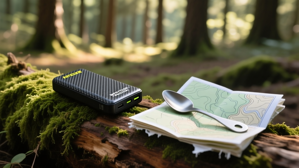 Nitecore NB10000 Gen 2 carbon fiber power bank resting on a mossy log next to a folded topographic map and a titanium camping spork
