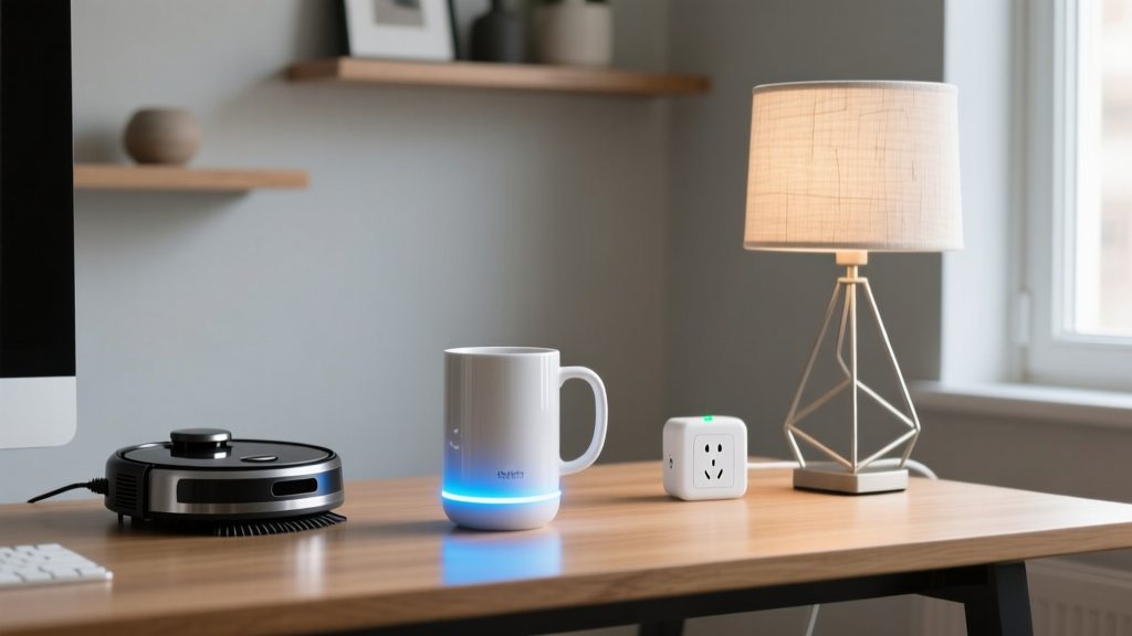 A neatly organized modern home office desk featuring a glowing smart mug, an automated desk vacuum, and a budget smart plug controlling a lamp.