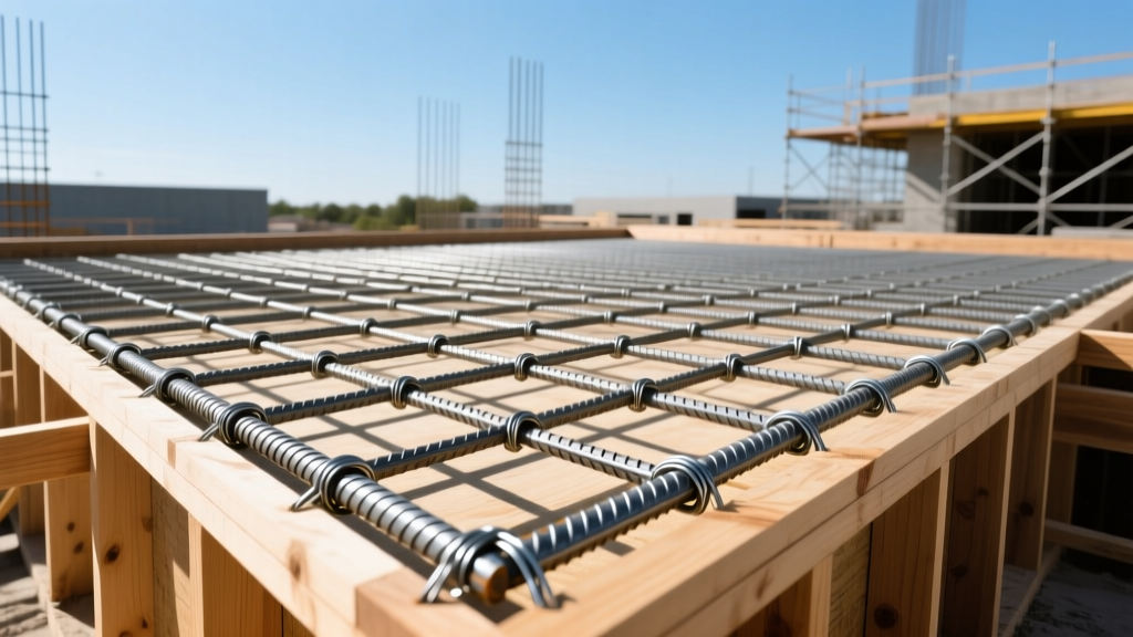 Steel rebar grid tied with wire inside wooden formwork, ready for a commercial concrete slab pour on a bright construction site.