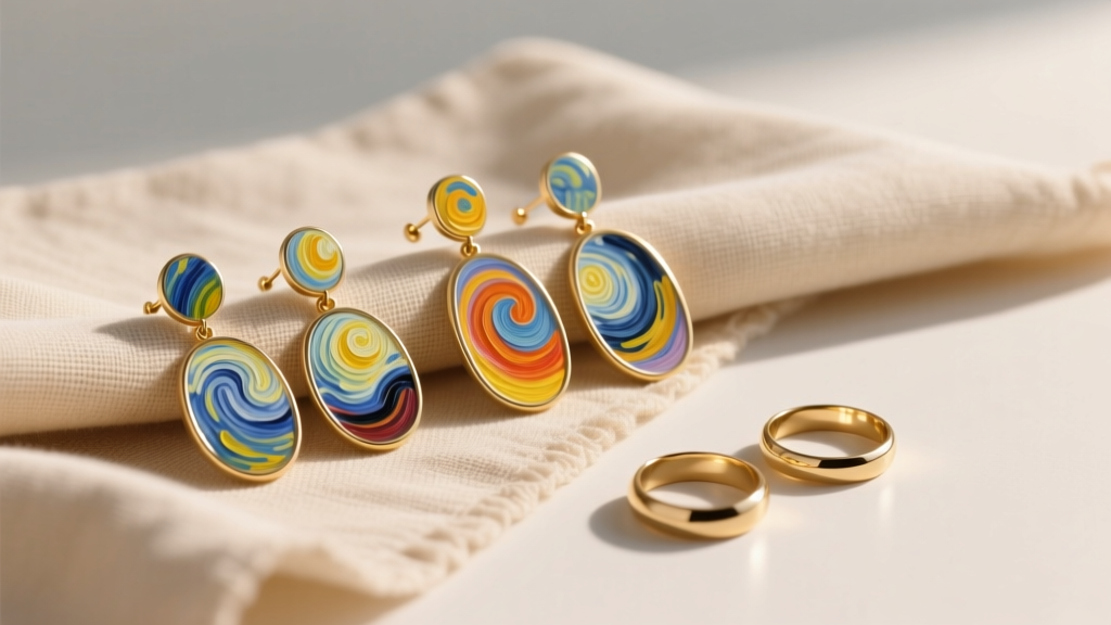 Flat lay of three pairs of oil painting earrings, impressionist and abstract styles, on beige linen cloth next to gold rings.