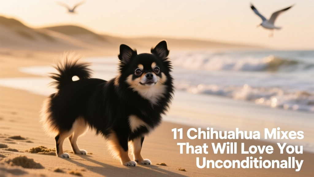 Black Pomchi on beach, Chihuahua Pomeranian mix