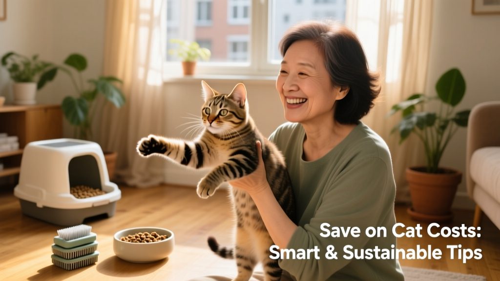 A joyful person holding a playful kitten, with basic cat supplies like a litter box and food bowl visible nearby