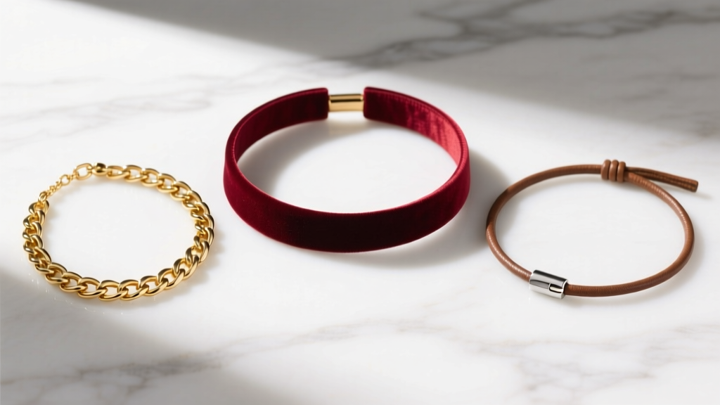 Flat lay of three choker necklaces: velvet ribbon, 14k gold figaro chain, and leather cord with silver clasp on white marble.