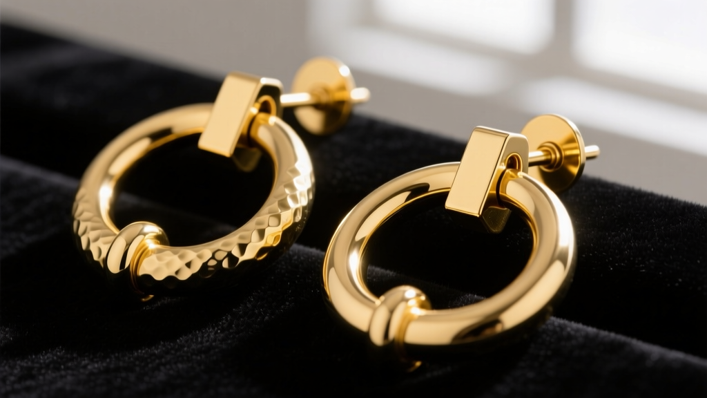 Large 14k yellow gold door knockers earrings on dark velvet, showing a thick 16-gauge post and heavy-duty omega clasp.