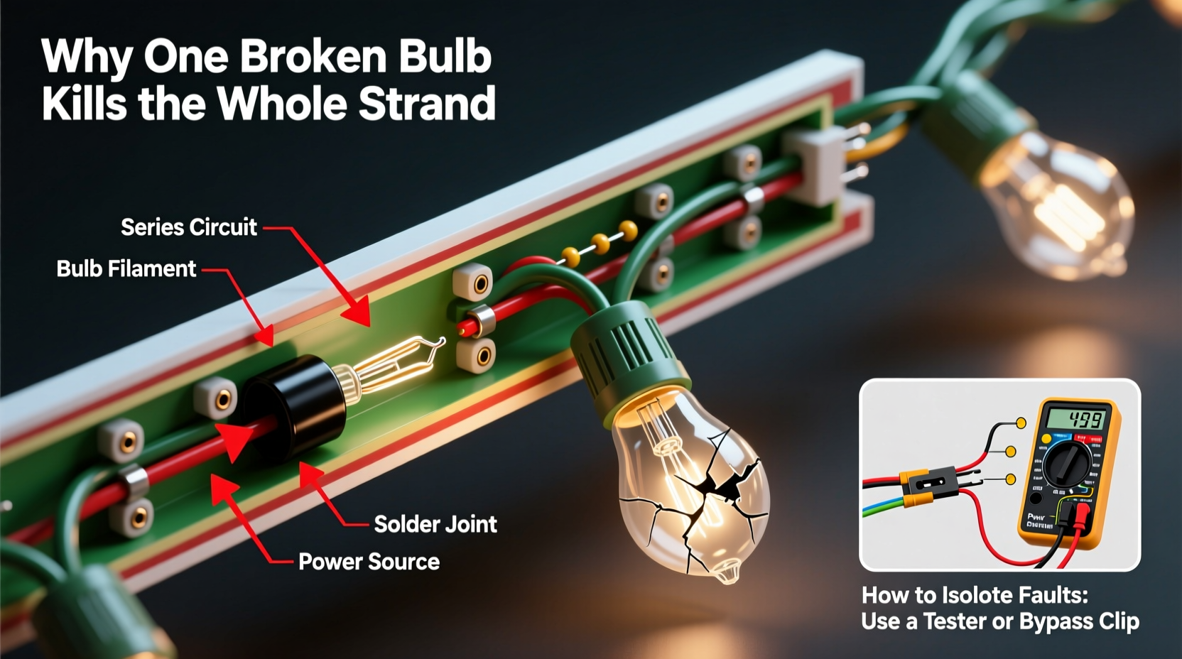 why do broken christmas lights make entire strands fail and how to isolate faults