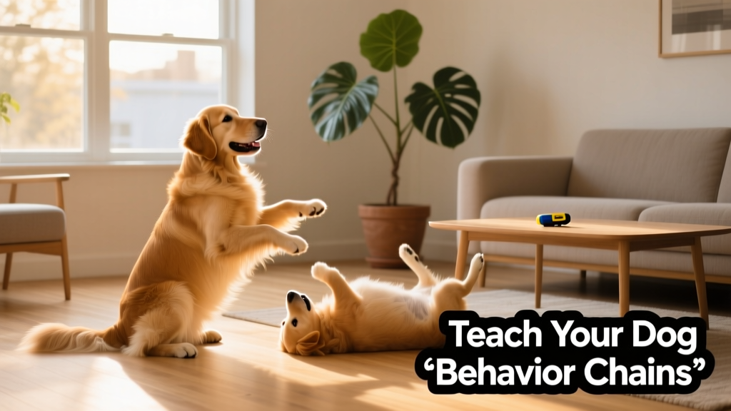A dog performing a smooth sequence of trained behaviors—sitting, then lying down, then rolling over—on cue