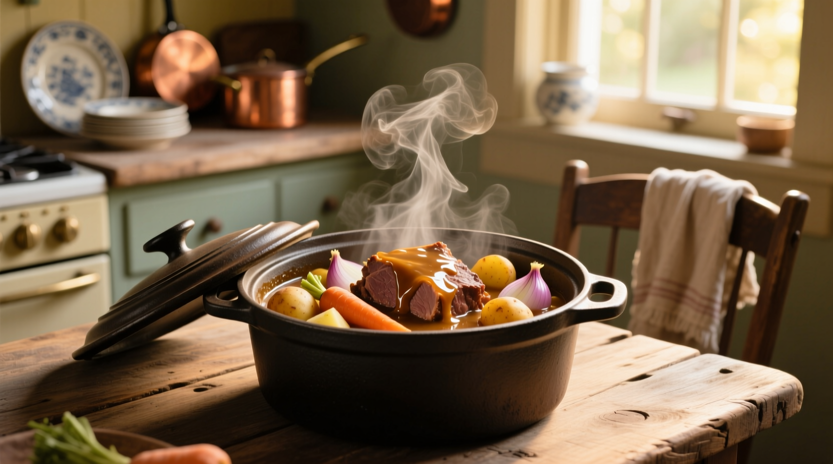 Crock pot with beef roast and vegetables