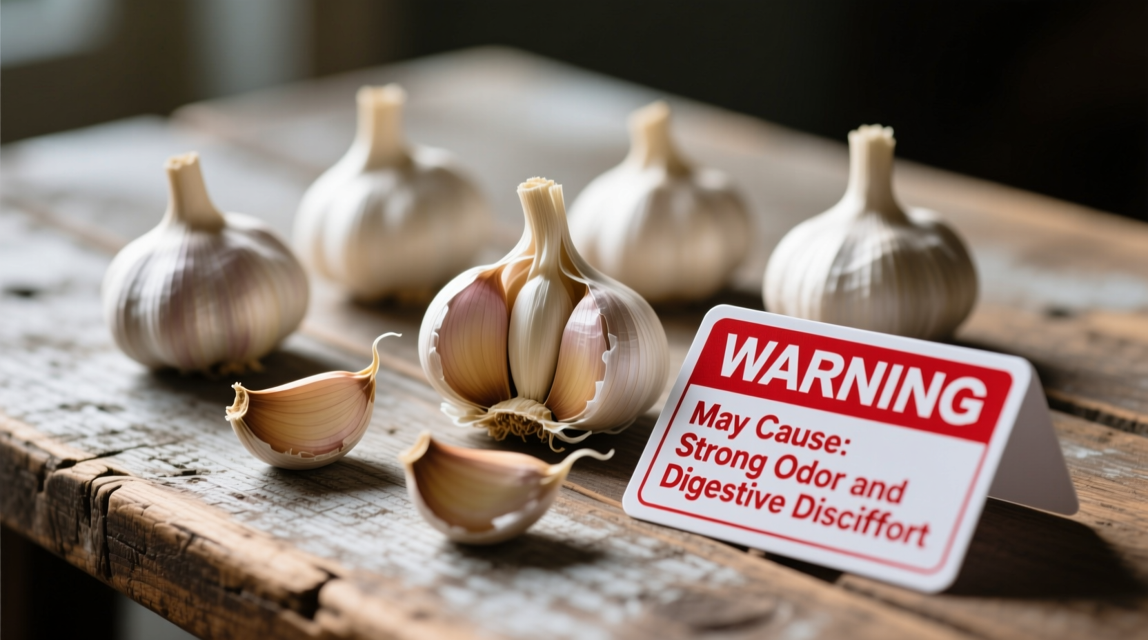 Garlic cloves next to medical warning sign