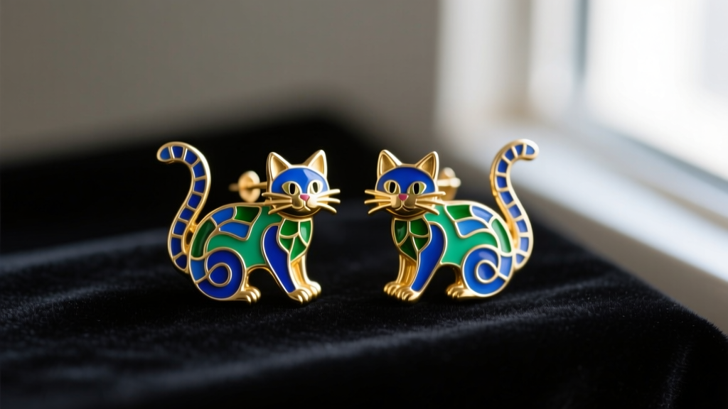 Macro photo of vintage Laurel Burch gold-tone cat earrings with vibrant blue and green cloisonné enamel resting on dark velvet.
