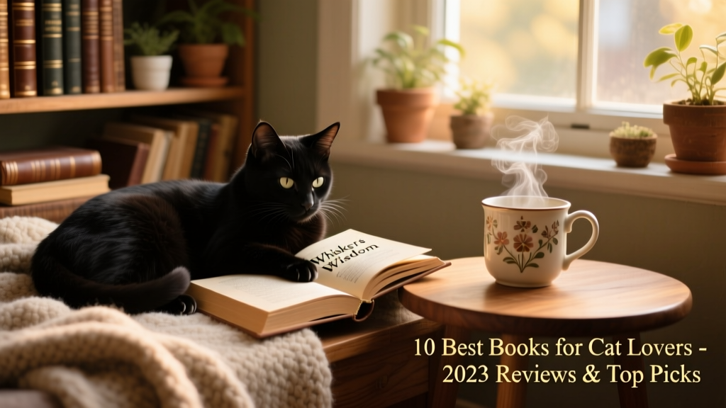 A cozy reading nook with a cat curled beside an open book and steaming mug