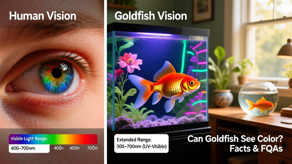 Side-by-side comparison showing human vs. goldfish color perception, with labeled spectral ranges including UV