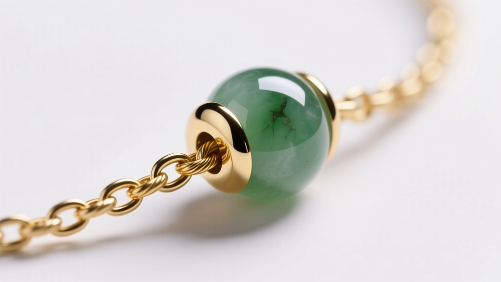 Macro shot of a 1.5mm gold cable chain threaded through a 4mm bail of a gemstone talisman pendant under bright studio lighting.