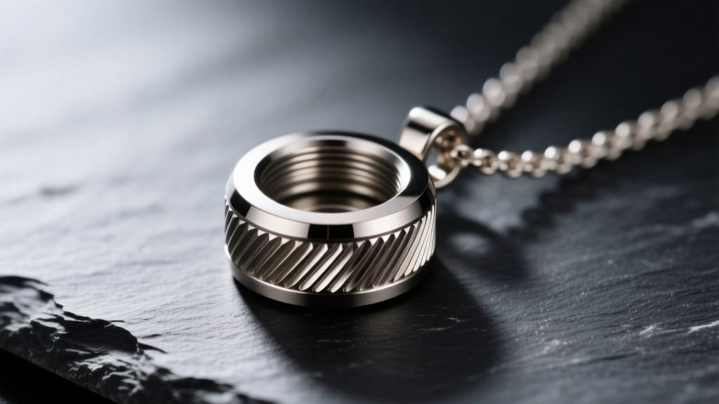 Close-up of a brushed titanium keepsake necklace pod pendant on dark slate, highlighting precision-machined external threading.