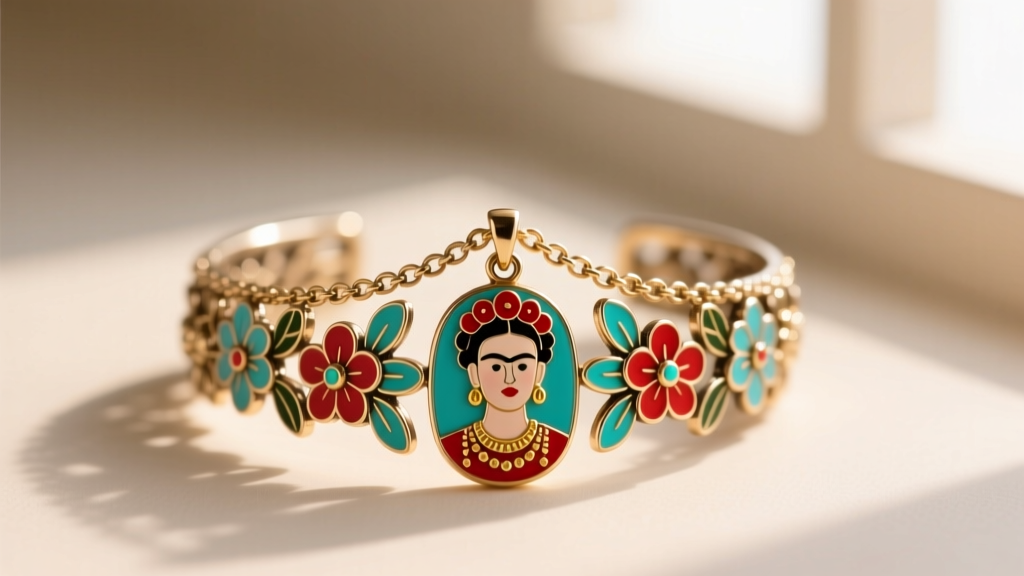 Close-up of a wearable jewelry replica of Frida Kahlo's thorn choker with a silver hummingbird pendant resting on a collarbone.