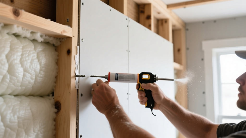 Contractor installing 5/8-inch gypsum board over continuous rigid foam insulation on a wood-framed wall using long drywall screws and acoustical sealant