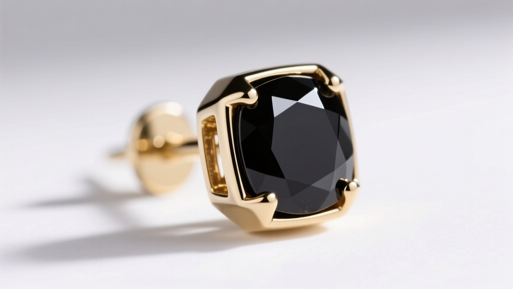 Macro shot of geometric 14k white gold and black onyx stud earring, highlighting the bezel setting and polished gem surface.