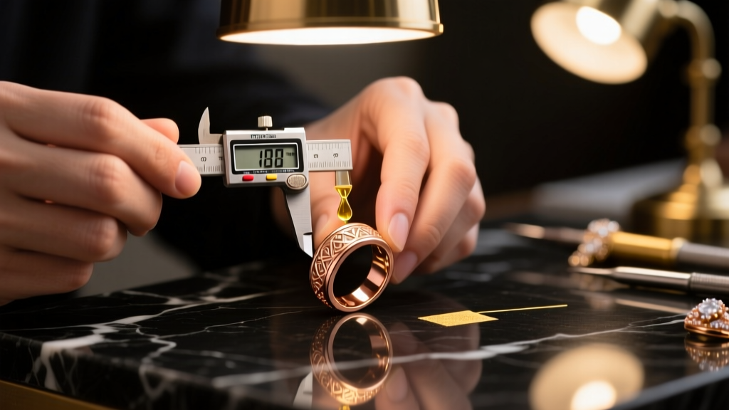 Jeweler using a digital caliper and gold testing acid kit on an 18k rose gold ring under warm, focused overhead studio lighting.